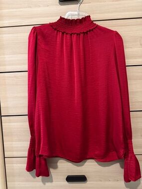Worthington Red Smocked Mock-Neck Long Sleeve Blouse